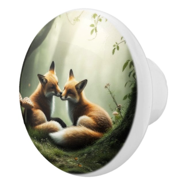 Pomo De Cerámica Fox Cuddle en un bosque polvoriento (Derecha)