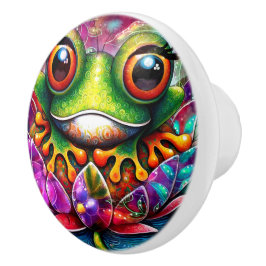 Pomo De Cerámica Frog Whimsical Abstract Pintura Art Floral Verde