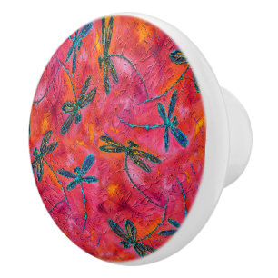 Pomo De Cerámica Fucsia caliente de la danza de la libélula