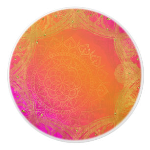 Pomo De Cerámica Fucsia Rosa Naranja y Dorado Glam Mandala Indio