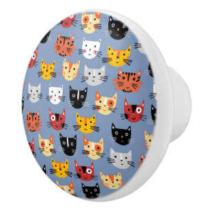 Pomo De Cerámica Fun Kitty Cat Pattern Blue