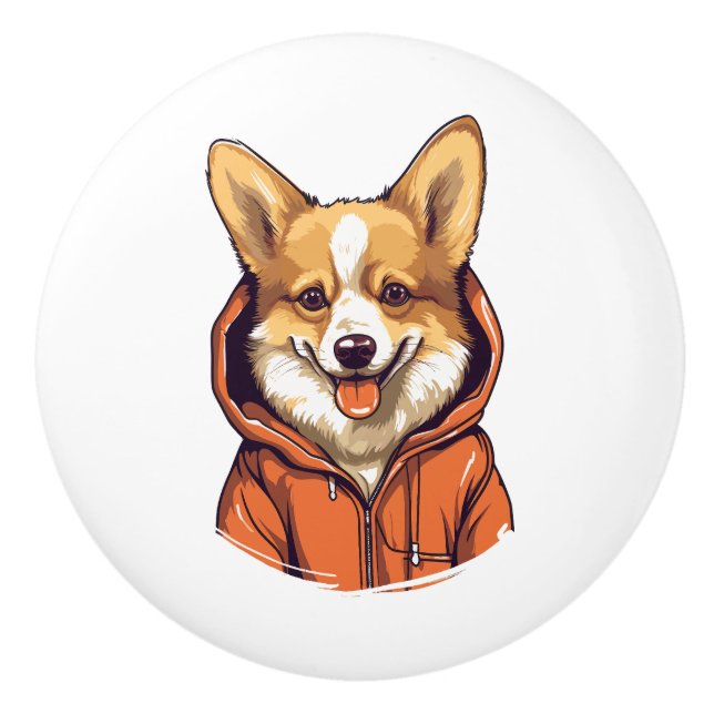 Pomo De Cerámica Funny Corgi Usando Hoodie (Anverso)