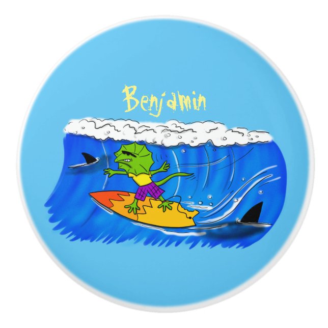 Pomo De Cerámica Funny personalizado de surf con lagarto frito (Anverso)