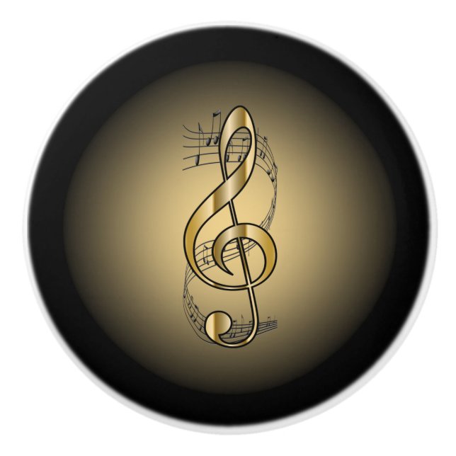 Pomo De Cerámica G Clef ~ Musical Scroll ~ Oro/fondo negro ~ (Anverso)