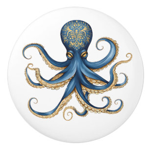 Pomo De Cerámica Gabinete de pulpo caprichoso azul y amarillo
