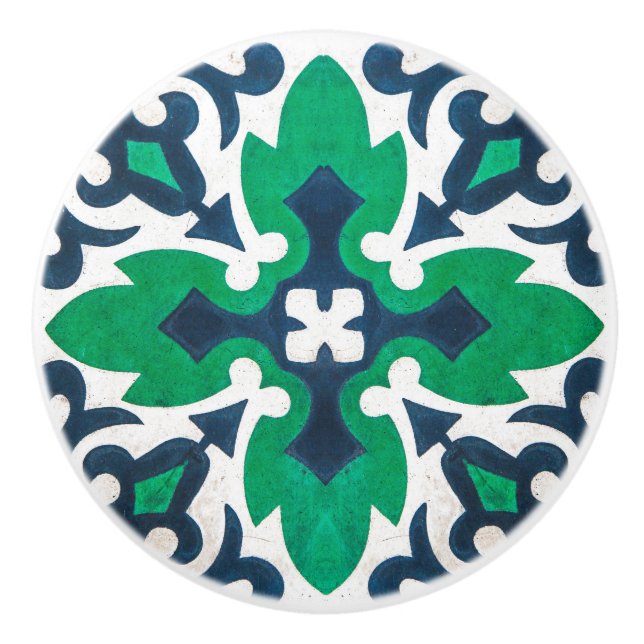 Pomo De Cerámica Gabinete Ornamental de Damasco Verde Azul (Anverso)