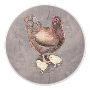 Pomo De Cerámica Gallina de la madre y acuarela de los polluelos