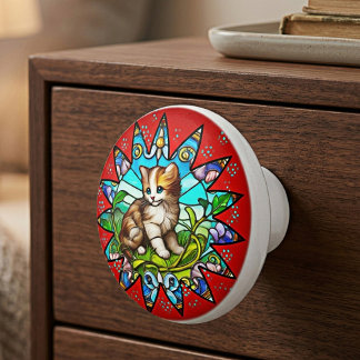 Pomo De Cerámica Gatito Floral de Vidrio Pintado