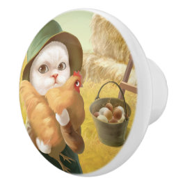 Pomo De Cerámica Gato Adorable con Hen en la Granja