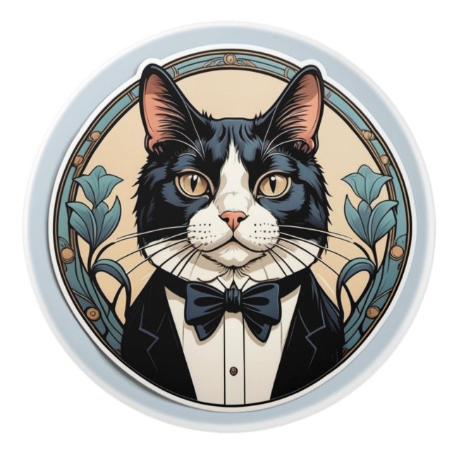 Pomo De Cerámica Gato Art Nouveau Tuxedo (Anverso)