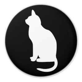 Pomo De Cerámica Gato Blanco Sentado Mirando a la Izquierda