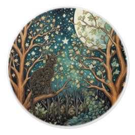 Pomo De Cerámica Gato boho cielo nocturno estrellado bosque