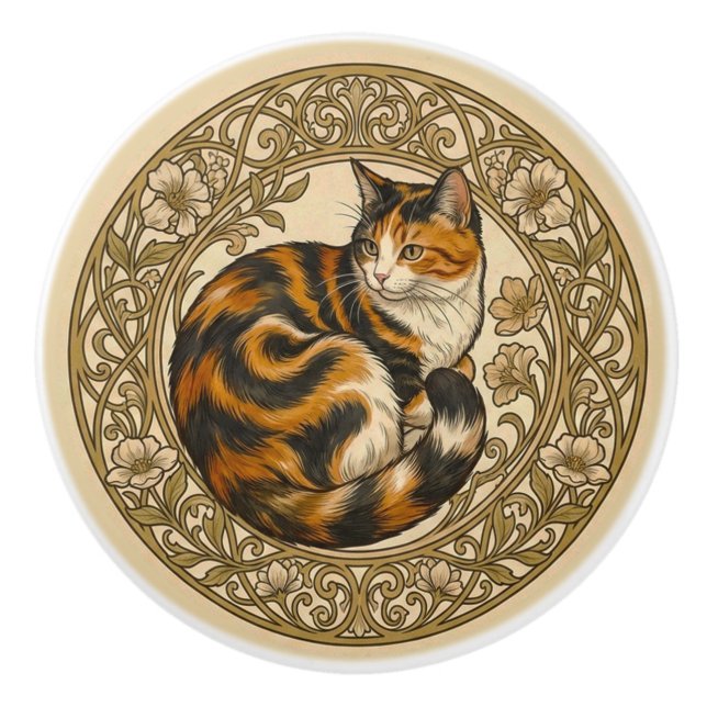 Pomo De Cerámica Gato Calico Nouveau (Anverso)