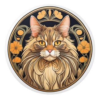 Pomo De Cerámica Gato de Art Nouveau Maine Coon