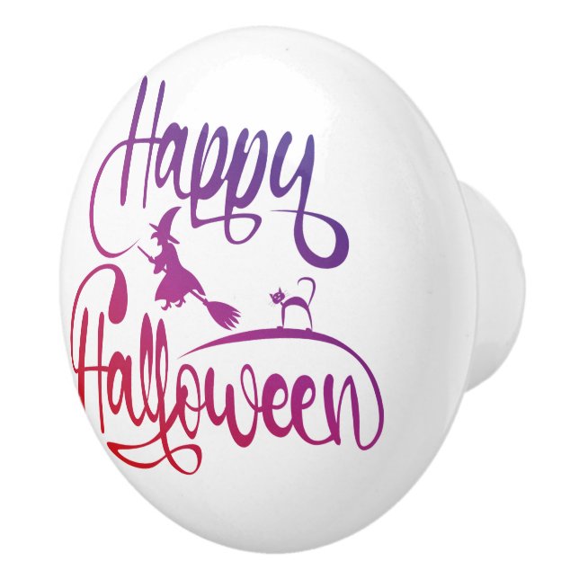 Pomo De Cerámica Gato de bruja voladora feliz gradiente de Hallowee (Derecha)