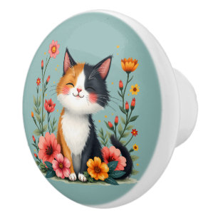 Pomo De Cerámica Gato de Calico Cute con estética de Cottagecore fl