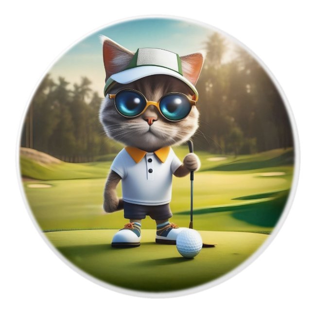 Pomo De Cerámica Gato De Golf Listo Para Jugar Golf, (Anverso)