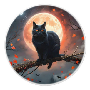 Pomo De Cerámica Gato de la luna llena de Halloween,