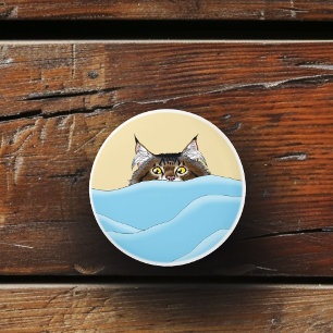 Pomo De Cerámica Gato de Tabby Peeking Blue Funny