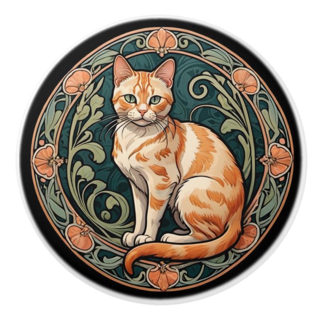 Pomo De Cerámica Gato del tigre del Naranja Art Nouveau (Anverso)