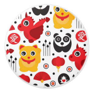 Pomo De Cerámica Gato, dragón, y panda afortunados de China