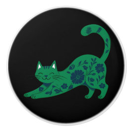 Pomo De Cerámica Gato floral verde de cerámica