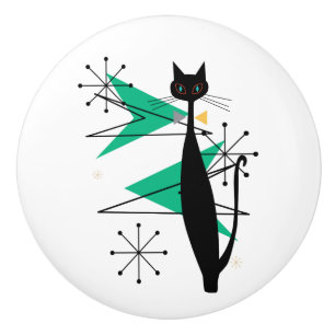 Pomo De Cerámica Gato fresco moderno de los mediados de siglo