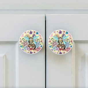 Pomo De Cerámica Gato Hada Tabby Pastel Caprichoso Fantasía Floral