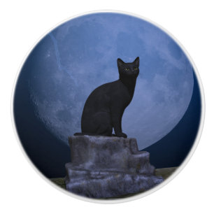 Pomo De Cerámica Gato iluminado por la luna