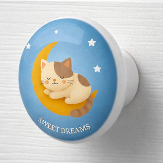 Pomo De Cerámica Gato Lindo Durmiendo en la Luna Dulces Sueños