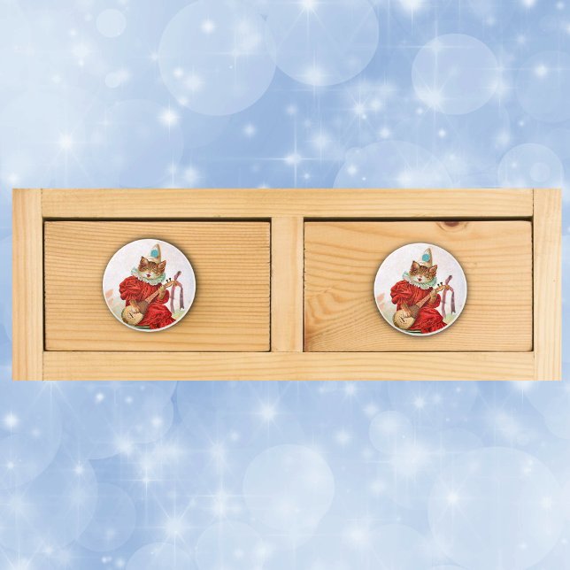 Pomo De Cerámica Gato Mandolin (Jester cat in clown outfit playing a mandalin on drawer knob pull.)