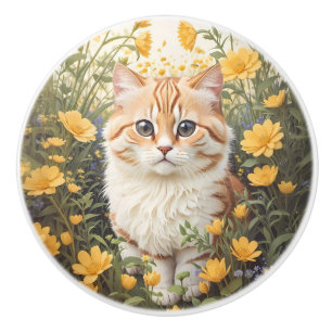 Pomo De Cerámica Gato Munchkin Lindo y Flores de Buttercup