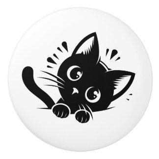 Pomo De Cerámica Gato negro adorable asomándose