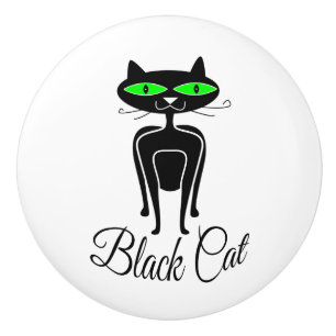 Pomo De Cerámica Gato negro con ojos verdes
