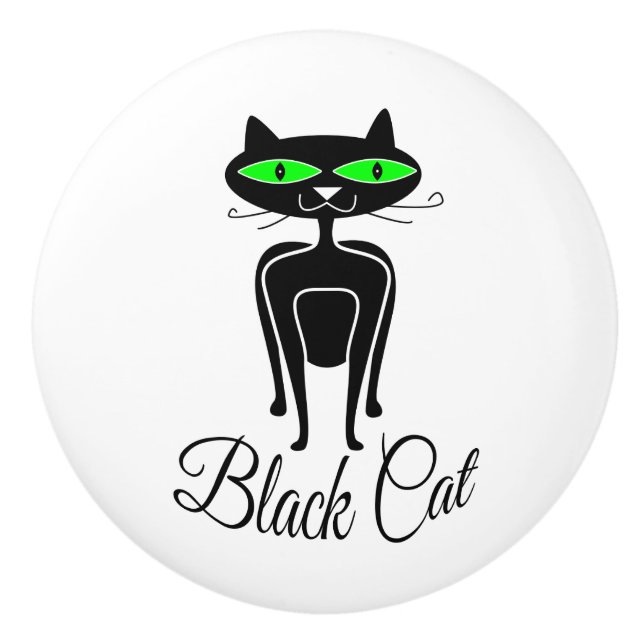 Pomo De Cerámica Gato negro con ojos verdes (Anverso)