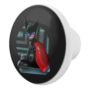 Pomo De Cerámica Gato negro Cyberpunk Ninja