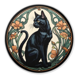 Pomo De Cerámica Gato negro de Art Nouveau