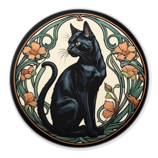 Pomo De Cerámica Gato negro de Art Nouveau (Anverso)
