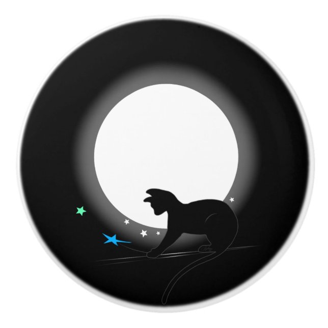 Pomo De Cerámica Gato negro de la luna y estrellas (Anverso)