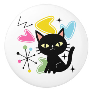 Pomo De Cerámica Gato negro de Mid Century