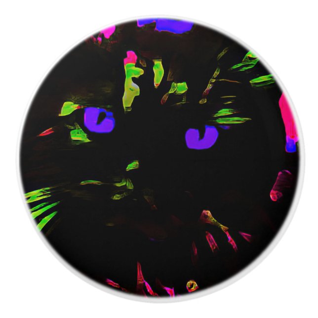 Pomo De Cerámica Gato negro neón con ojos brillantes (Anverso)