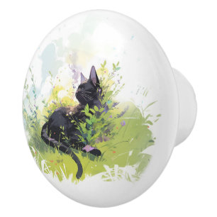 Pomo De Cerámica Gato negro sobre la extracción de cerámica de hier