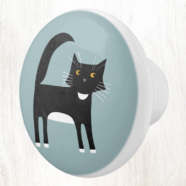 Pomo De Cerámica Gato negro y blanco (Fun black and white tuxedo cat duck egg blue ceramic door knob for animal and pet lovers)