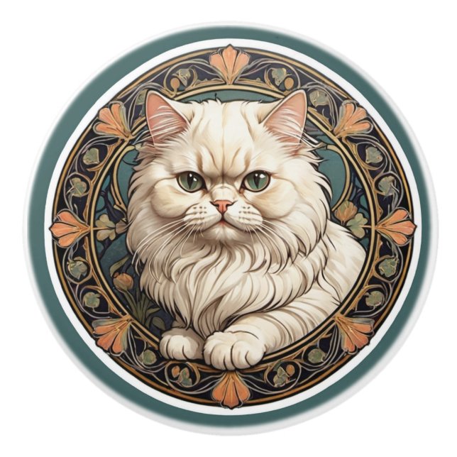 Pomo De Cerámica Gato persa de Art Nouveau (Anverso)