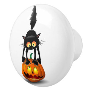 Pomo De Cerámica Gato Personalizado asustado de Halloween en calaba