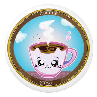 Pomo De Cerámica Gato rosa Kawaii Taza de café. Café primero