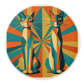 Pomo De Cerámica Gatos Art Déco Estallido Orange y Verde Azulado