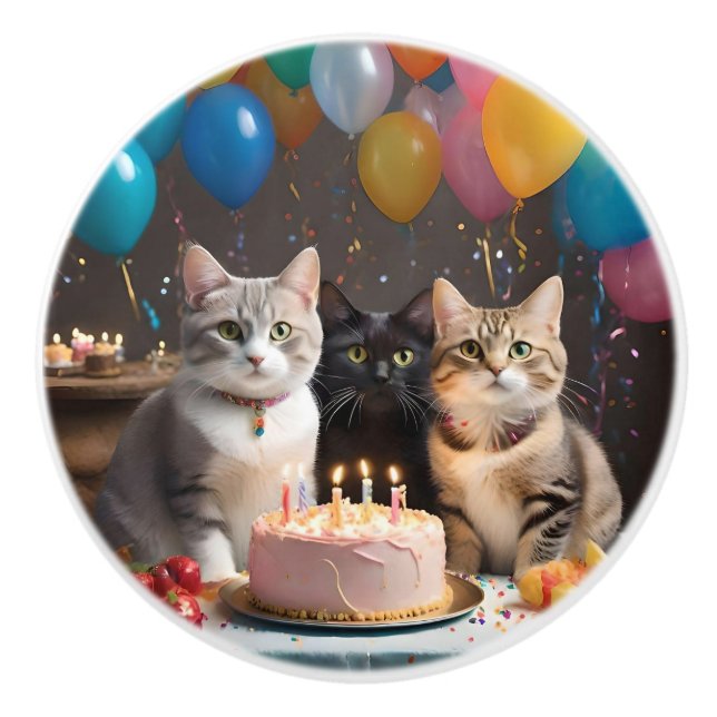 Pomo De Cerámica Gatos de fiesta de cumpleaños, (Anverso)