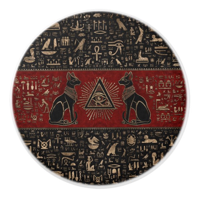 Pomo De Cerámica Gatos y ojos egipcios en Horus (Anverso)