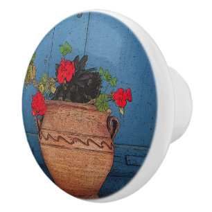 POMO DE CERÁMICA GERANIUMS ROJOS, TERRA COTTA POT, PUERTA AZUL